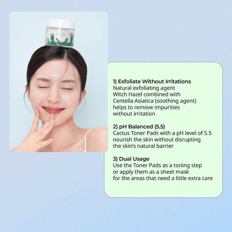 YADAH Cactus Toner Pads 5.07 Fluid Ounce 60 Count, Cruelty Free Facial Cleansing Exfoliator Toning Hydrating Treatment Wipes for Clear Pores Acne Prone Oily Dry Sensitive Skin - Image 3